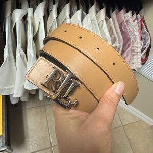 RLL Tan Leather Belt with Silver Logo Buckle